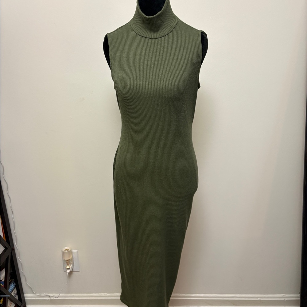 Calvin Klein Olive Green Sleeveless Turtleneck Midi Dress